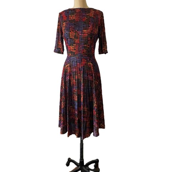 Vintage 70's Ike Clark Slinky Geometric Print Fit and Flare Dress - Picture 1 of 12